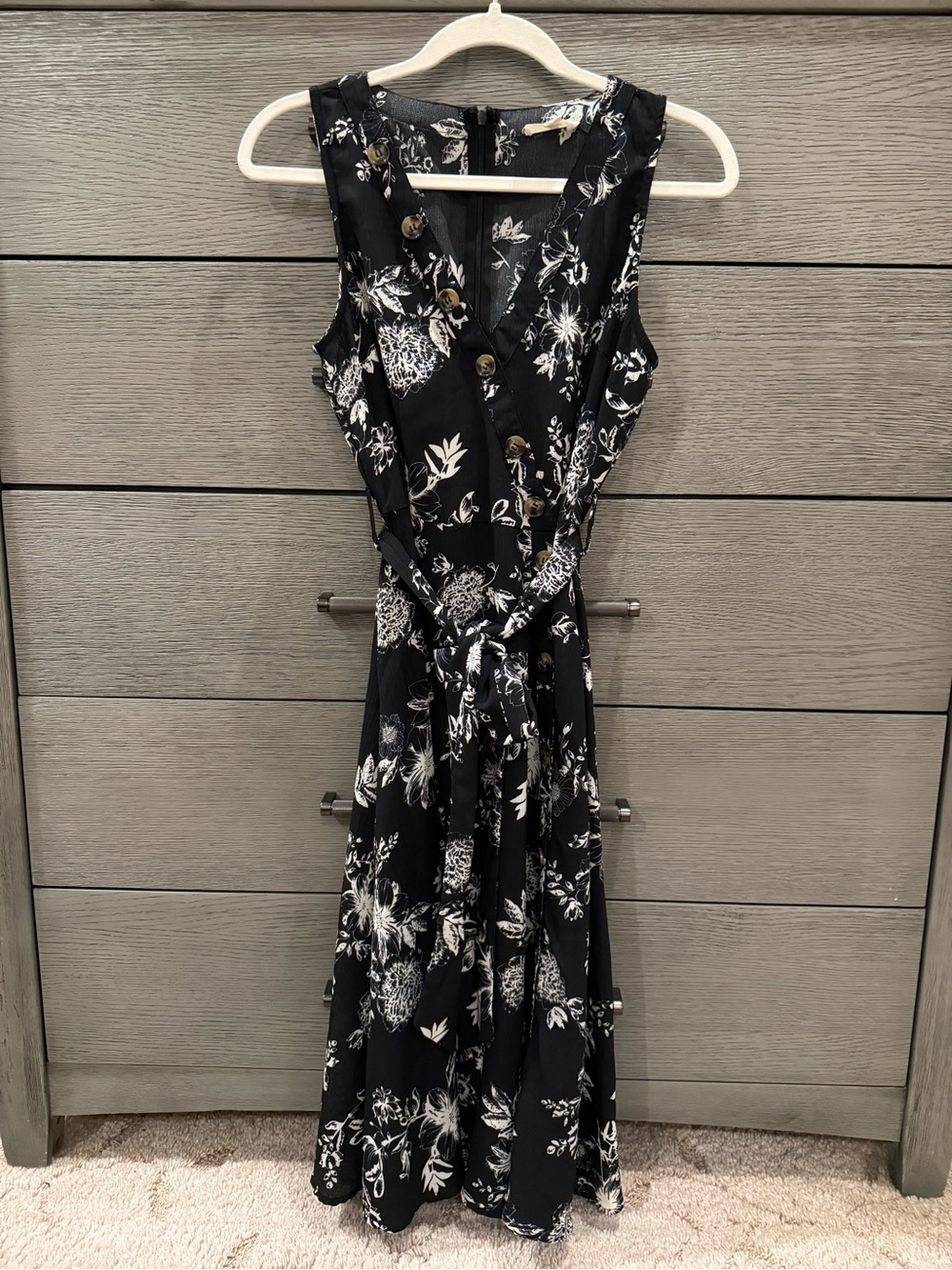 entro Black Floral Button-Front Maxi Dress with Self-Tie Waist